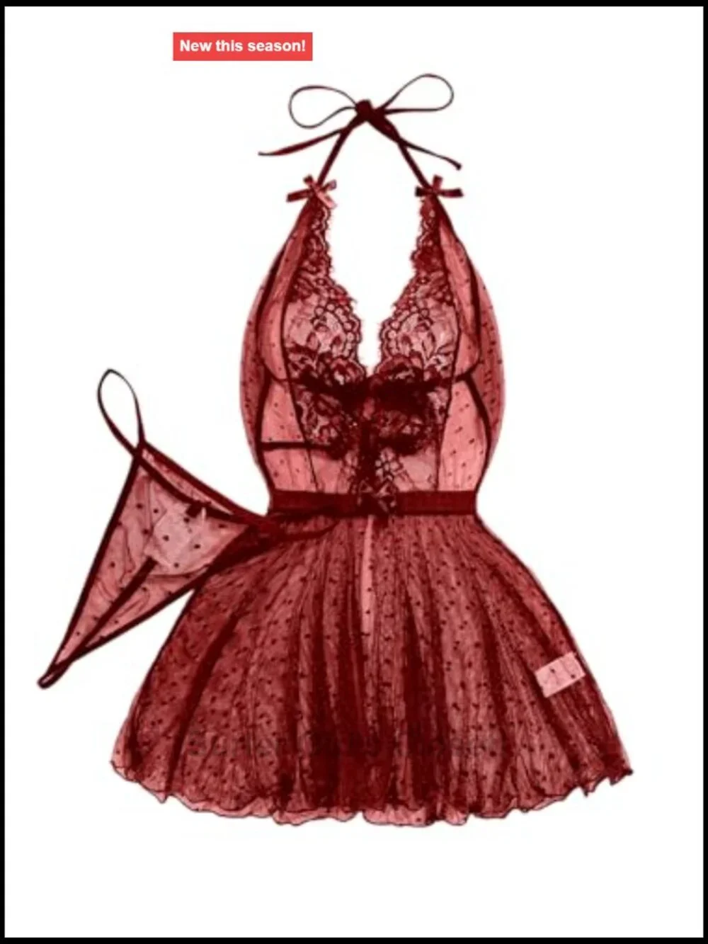 Sheer Mesh Lace Babydoll Lingerie Dress 2 Piece Set with Thong